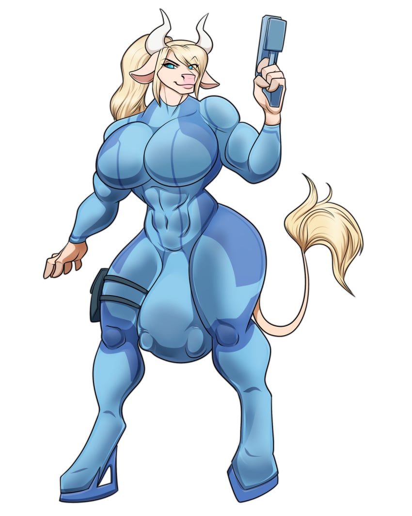 alpha_channel anthro big_breasts blonde_hair bodysuit bovine breasts casual female firearm furry handgun legwear metroid muscular muscular_female nintendo riddleaugust samus_aran skintight transparent_background udders video_games weapon zero_suit zero_suit_samus zero_suit_samus_(cosplay)