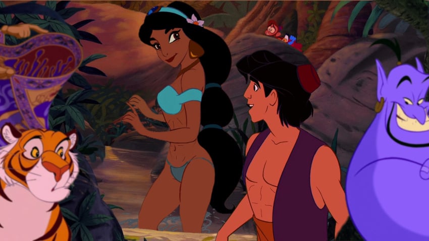 abs abu_(aladdin) aladdin aladdin_(character) alluring animals bikini disney disney_princess female female_abs genie genie_(aladdin) iago jannilove jungle lake magic_carpet male multiple_boys princess_jasmine rajah