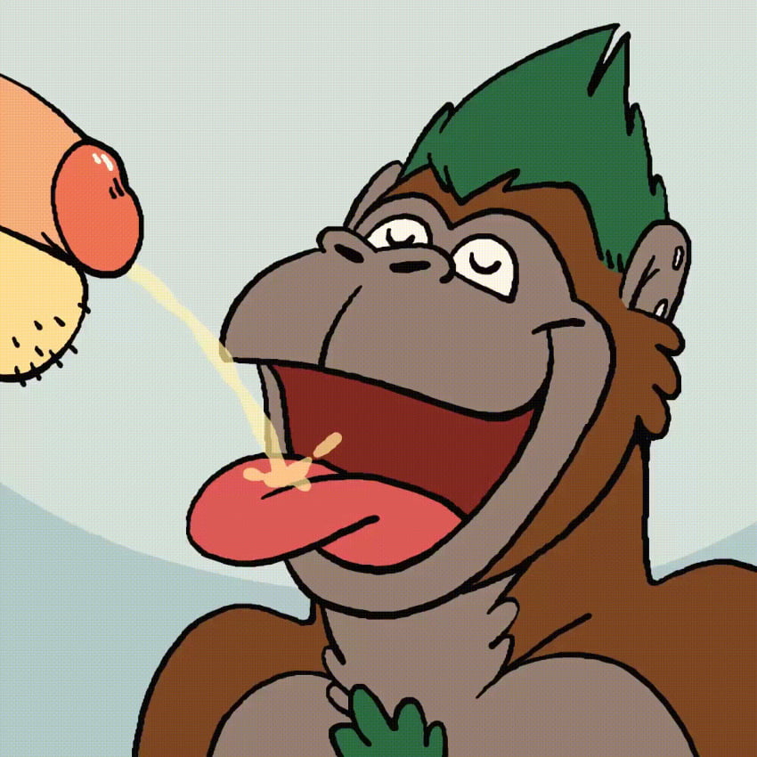 1:1 animated anthro badbeawzone balls bodily_fluids chest_tuft drinking drinking_urine genital_fluids genitals hairy_balls haplorhine hi_res licking licking_lips male male/male mammal monkey one_eye_closed peeing primate short_playtime tongue tongue_out tuft urine urine_in_mouth urine_stream watersports wink