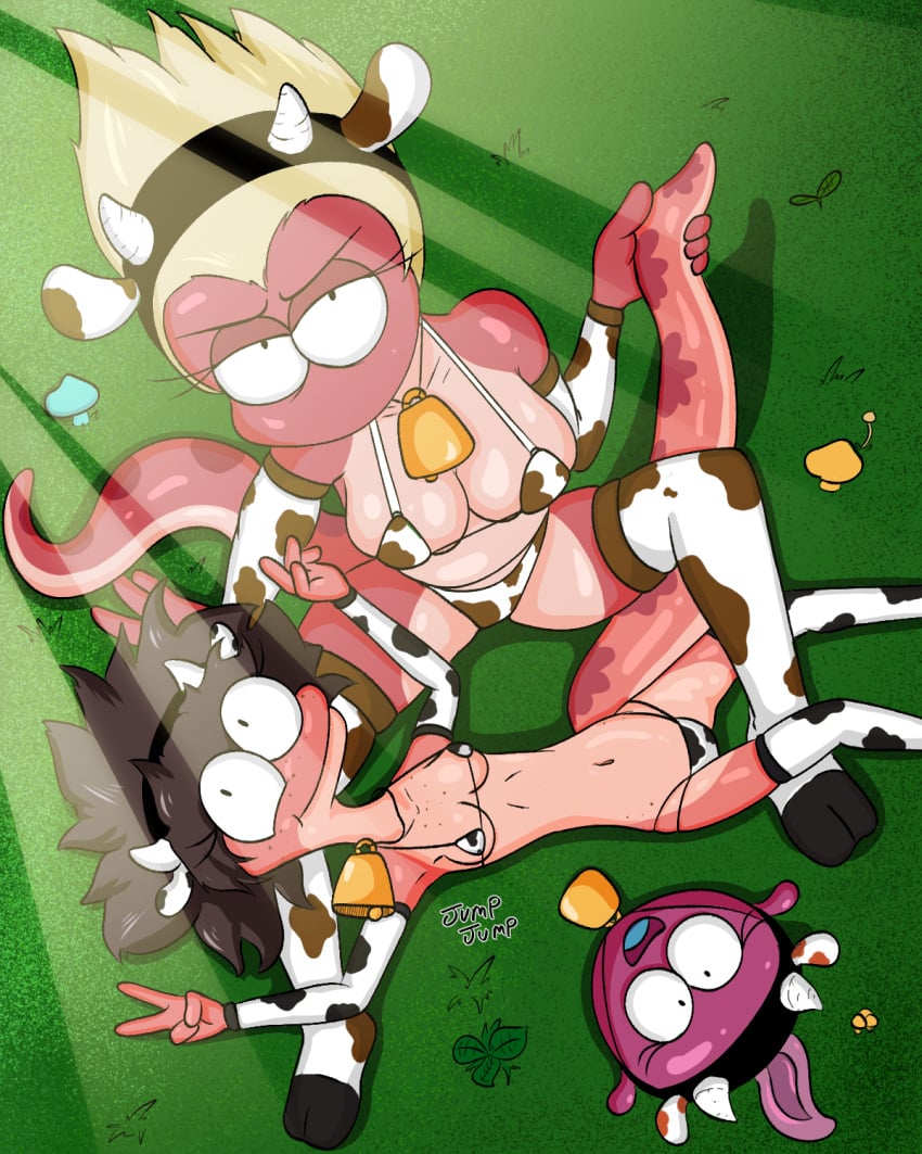 3girls 4:5 amphibia amphibian animal_ears animal_print bella_(amphibia) big_breasts breasts cleavage clothed clothing cosplay cow_ears cow_horns cow_print cowbell disney female freckles hi_res jumpjump looking_at_viewer newt polly_plantar salamander_(amphibian) small_breasts small_waist straight_hair tadpole yunan