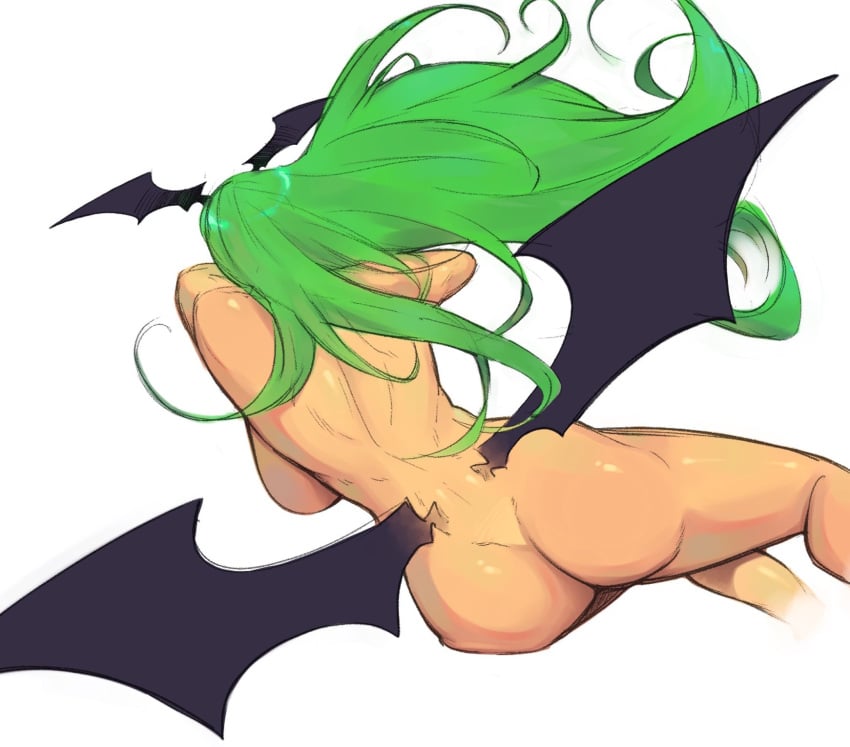 1girls aeyga ass back backboob bat_wings darkstalkers female female_only green_hair large_breasts light_skin morrigan_aensland simple_background succubus