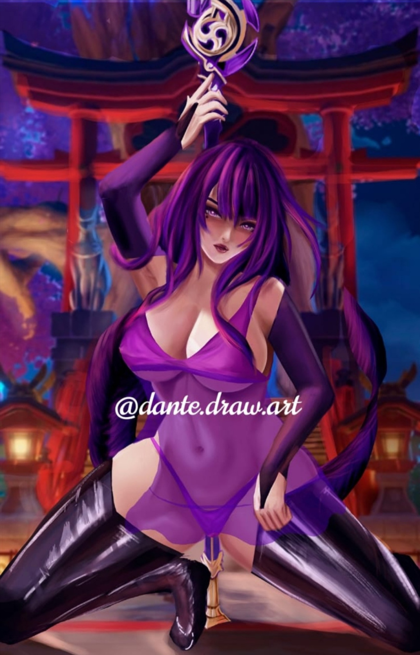 artist_signature big_breasts breasts busty dantedraw genshin_impact purple_eyes purple_hair raiden_shogun thighs wide_hips