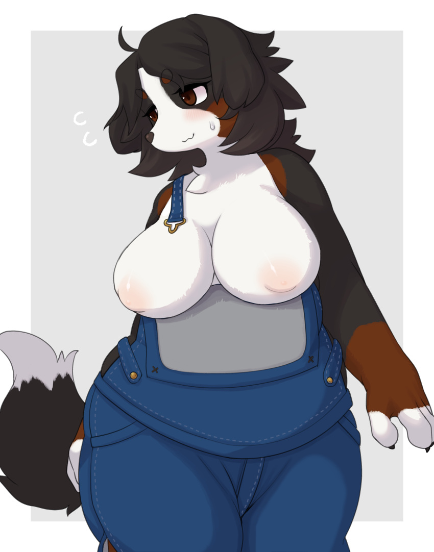 absurd_res angel_welina anthro bernese_mountain_dog big_breasts blush breasts breasts_out_of_clothes canid canine canis clothed clothing clothing_lift curvy_figure domestic_dog embarrassed exposed_breasts female hair hi_res kemono looking_away mammal molosser mountain_dog nipples shy slightly_chubby solo swiss_mountain_dog thick_thighs tokumori_kaisen tongue voluptuous