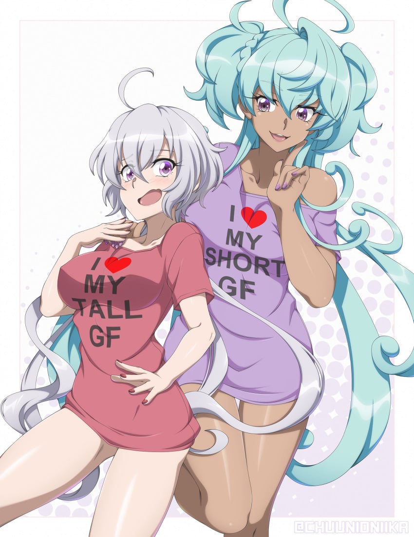 2girls :3 absurdres ahoge aqua_hair artist_name braid cagliostro_(symphogear) chuunioniika dark-skinned_female dark_skin english_text highres long_hair low_twintails multiple_girls nail_polish off_shoulder open_mouth purple_eyes purple_hair senki_zesshou_symphogear shirt short_sleeves smile t-shirt twintails two_side_up yukine_chris yuri