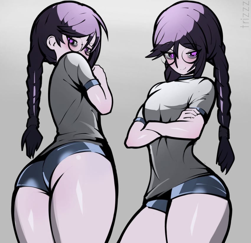 1girls 2022 artist_name ass bangs braided_hair braids danganronpa danganronpa:_trigger_happy_havoc digital_media_(artwork) female female_focus female_only fukawa_touko glasses gradient_background gym_uniform long_hair looking_back medium_ass pale-skinned_female pale_skin purple_eyes purple_hair rear_view shiny shiny_skin shirt shorts smooth_skin solo solo_female solo_focus thick_thighs thighs trizzz twin_braids