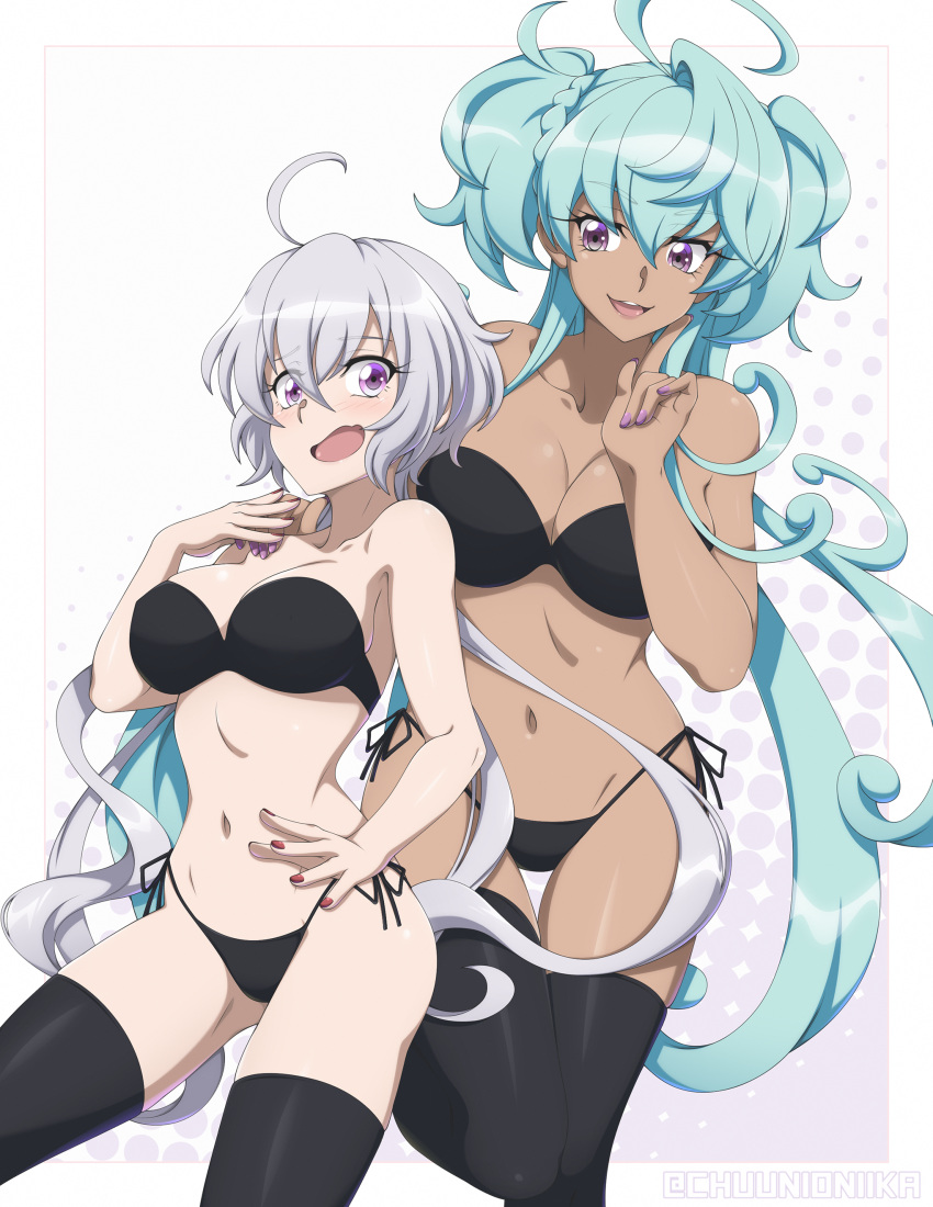 2girls absurdres ahoge aqua_hair artist_name between_breasts black_bra black_legwear black_panties bra braid breasts cagliostro_(symphogear) chuunioniika collarbone dark-skinned_female dark_skin highres hip_bones large_breasts long_hair low_twintails midriff multiple_girls nail_polish navel open_mouth panties purple_eyes senki_zesshou_symphogear side-tie_panties silver_hair smile strapless strapless_bra thighhighs twintails two_side_up underwear very_long_hair yukine_chris yuri