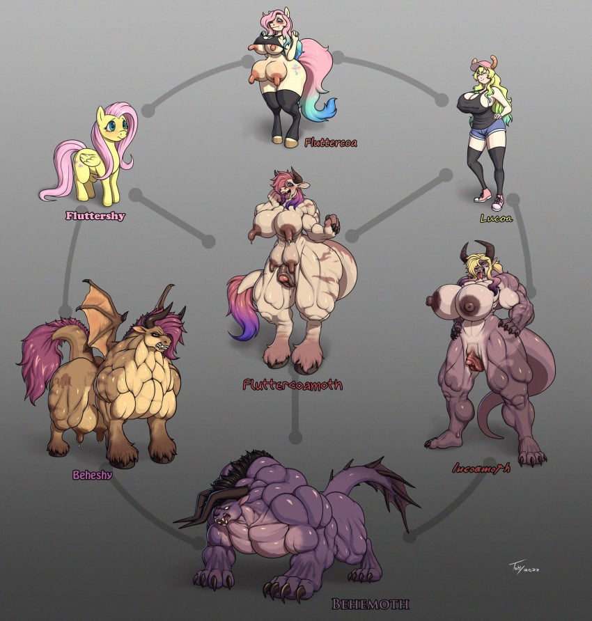 anthro behemoth big_muscles big_nipples blush breasts crotchboobs english_text female female_only feral final_fantasy fluttershy_(mlp) friendship_is_magic fusion hooves horns kobayashi-san_chi_no_maidragon lactation lucoa membranous_wings miss_kobayashi's_dragon_maid monster monster_girl muscular muscular_female my_little_pony quetzalcoatl_(dragon_maid) sharp_teeth solo tattoo text toby_art transformation wide_hips wings