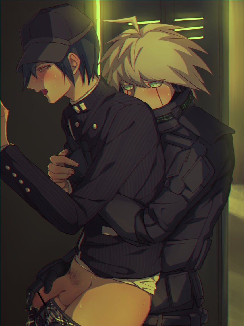 2boys bad_pixiv_id circumcised clothed clothed_sex cum cum_on_hand danganronpa danganronpa_v3 from_behind gay ichizero kiibo looking_pleasured male male/male male_focus male_only pubic_hair robot robot_humanoid saihara_shuuichi standing straight_hair sweat yaoi