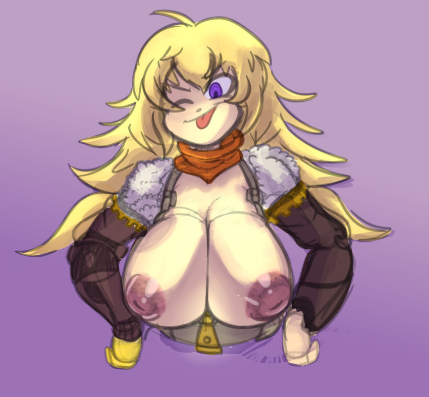 alternate_color big_areola big_nipples blonde_hair dark_areola dark_nipples drillslewds huge_breasts large_areolae large_breasts large_nipples purple_eyes rwby seductivesquid tongue tongue_out twindrills unzipped unzipped_jacket wink winking winking_at_viewer yang_xiao_long