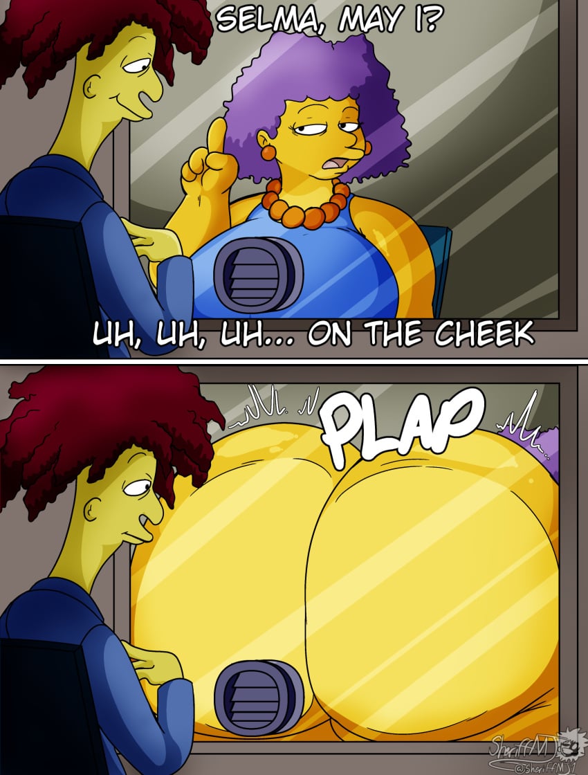 2022 against_glass ass_on_glass ass_squish big_ass big_breasts big_butt butt_squish detailed_background digital_media_(artwork) edit fat_ass female huge_ass huge_butt male masterj291 mooning selma_bouvier sideshow_bob the_simpsons