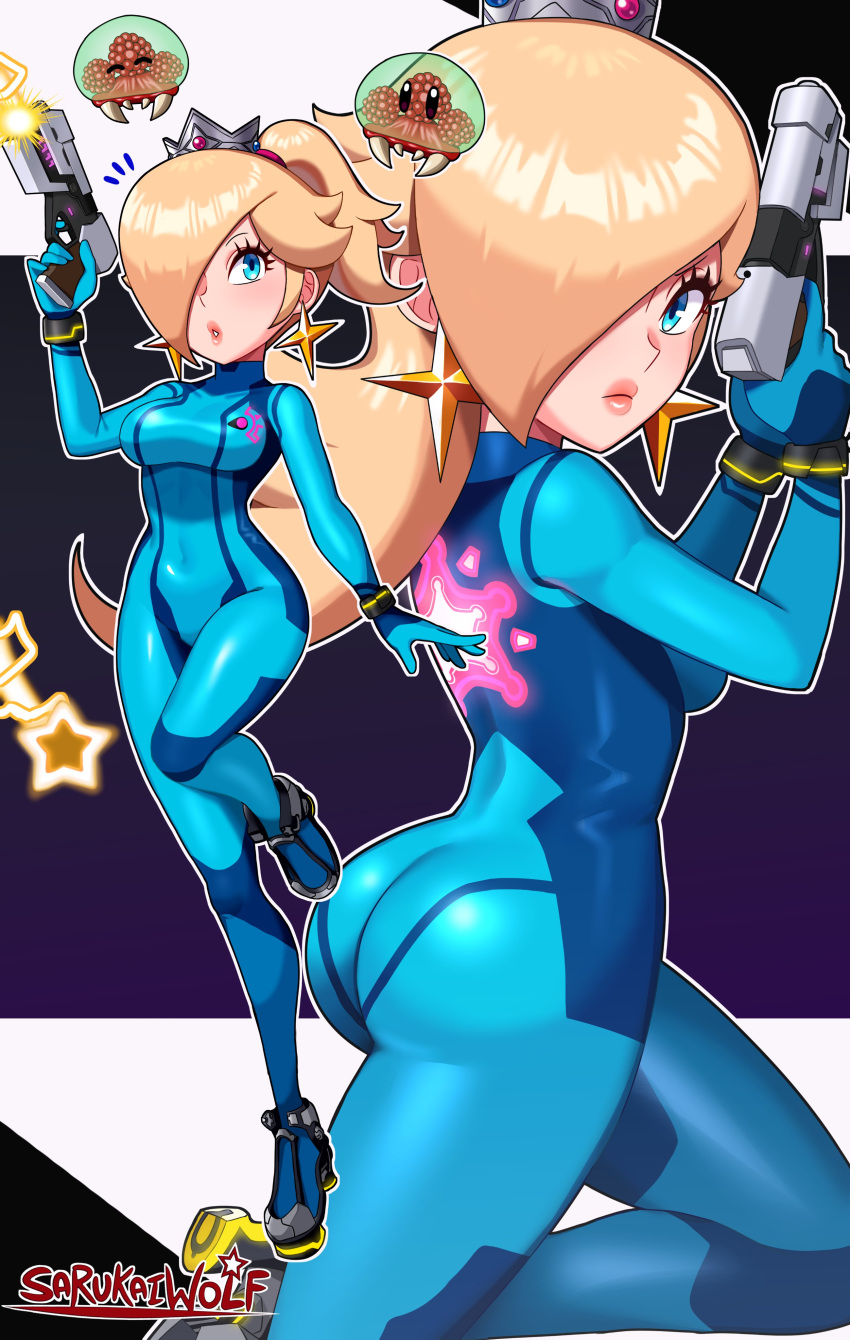 ass breasts crossover female female_only fully_clothed mario_(series) metroid metroid_(creature) nintendo princess_rosalina samus_aran_(cosplay) sarukaiwolf shiny_clothes solo super_mario_galaxy tagme tight_clothing zero_suit