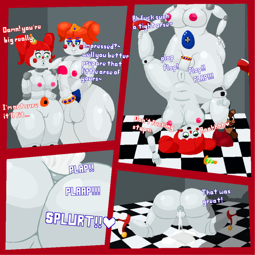 1futa 1girls anal animatronic baby_(fnafsl) balls big_balls big_breasts big_penis botfuckersproject_bfp checkered_floor circus_baby circus_baby_(fnaf) circus_booby circus_queen clown clown_girl cock_ring comic comic_page crown cum cum_drip cum_in_ass cum_inside cum_leaking cum_puddle fan feddy female five_nights_at_freddy's five_nights_at_freddy's:_sister_location fnaf futa futa_on_female futadom futanari green_eyes huge_ass huge_cock justaperson3000 party_hat penis piledriver_position queen red_hair robot robot_girl royalty shadow shocked_expression sister_location testicles text thick thick_thighs