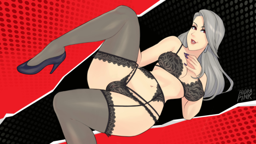 1girls black_bra black_legwear black_panties black_thighhighs bra breasts clothing female hidrapink light-skinned_female light_skin lingerie long_hair matching_underwear panties persona persona_5 pussy sae_niijima shin_megami_tensei thighhighs thighs voluptuous