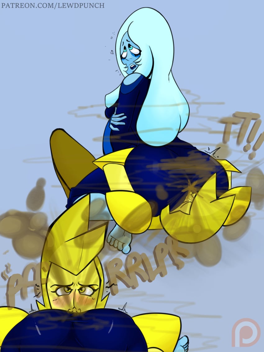 2girls ass big_ass blue_diamond_(steven_universe) blue_skin blush cartoon_network diamond_authority facefart facesit facesitting fart fart_cloud fart_fetish farting farting_in_face female female_only gem_(species) grabbing_ass gts heart hips huge_fart jeezersart lewdpunch multiple_girls patreon_logo patreon_url relief sniffing squeeze steven_universe yellow_diamond_(steven_universe) yellow_skin yuri