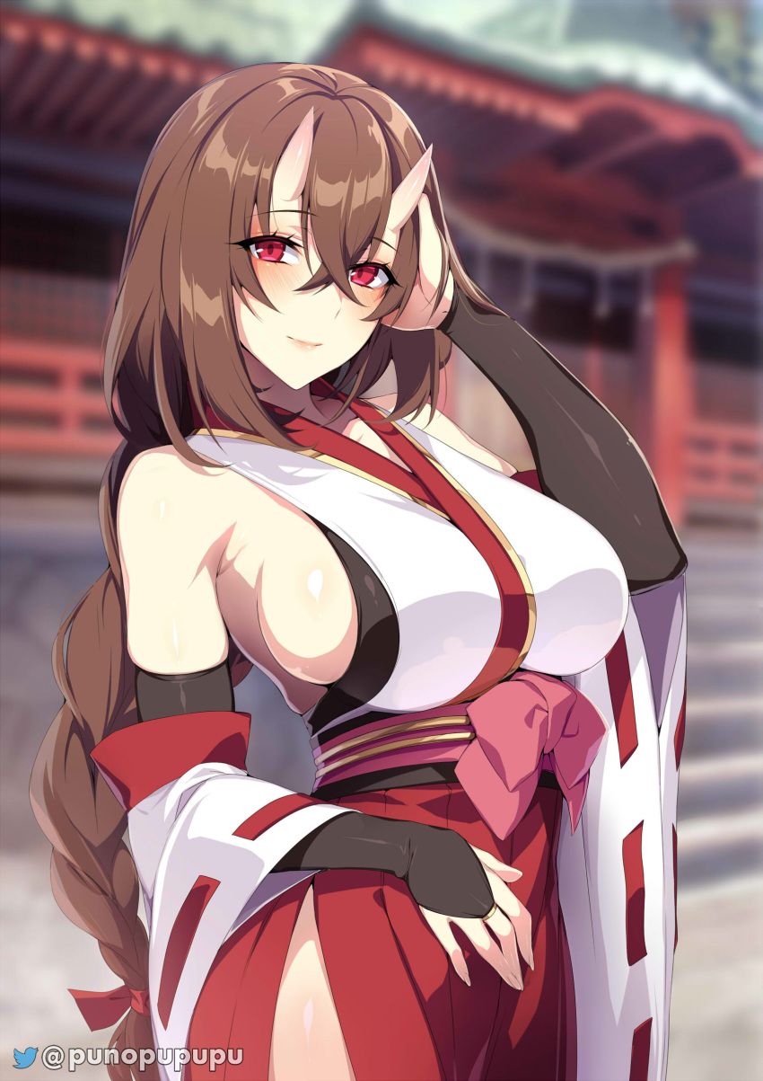 1girls 2022 blush braided_hair brown_hair clothed clothed_female demon demon_girl demon_horns detached_sleeves female female_only hi_res horns long_hair looking_at_viewer miko original original_character outdoors punopupupu red_eyes shrine_maiden sideboob smile zeroshiki_kouichi