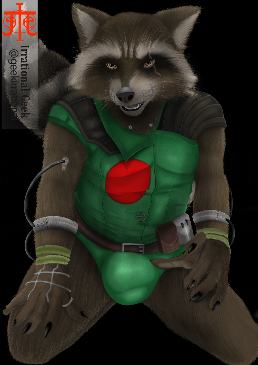 anthro brown_fur erection_under_clothes furry furry_only furry_tail geekirrational green_clothing guardians_of_the_galaxy looking_at_viewer male male_only marvel raccoon raccoon_ears raccoon_humanoid raccoon_tail rocket_raccoon rocket_raccoon_(original_green_outfit) scar sitting