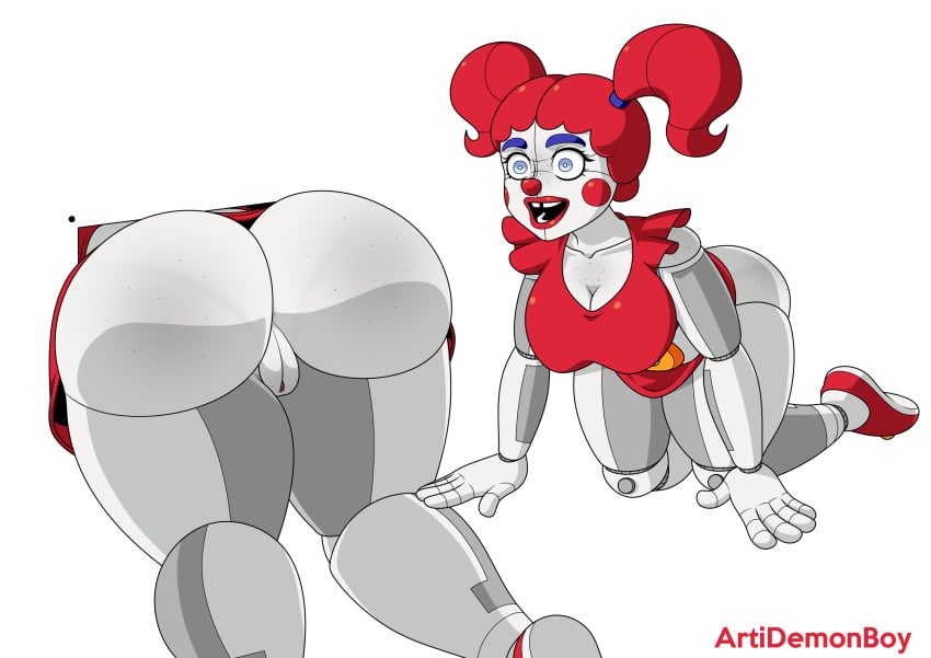 accidental_exposure artidemonboy ass baby_(fnafsl) big_ass blue_eyes circus_baby circus_baby_(fnaf) clown clown_girl five_nights_at_freddy's happy pigtails pussy red_hair red_nose robot sister_location solo stuck stuck_in_wall teeth_gap through_wall white_background