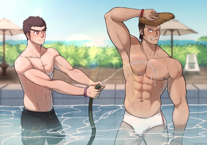 2boys abs bara blush bulge danganronpa danganronpa:_trigger_happy_havoc gay hose ishimondo kiyotaka_ishimaru male male/male male_only mondo_oowada muscular muscular_male outdoors partially_clothed pecs pool showing_off tagme tan_skin