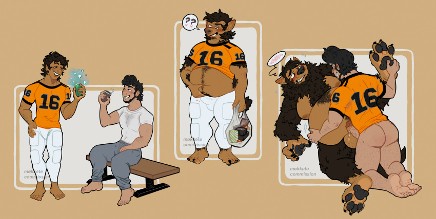 anthro areola bedroom_eyes belly black_body black_fur black_hair blush bodily_fluids canid canine clothed clothing colored duo eye_contact fur fur_growth genital_fluids genitals growth hair hi_res human looking_at_another male male/male mammal mokkete moobs muscular muscular_male narrowed_eyes nipples nude partially_clothed paws penis precum precum_on_penis question_mark seductive signature species_transformation transformation transformation_sequence weight_gain were werecanid werecanine werewolf