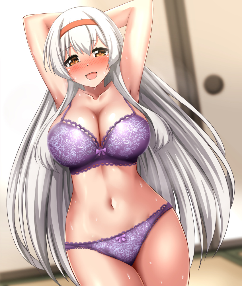 arms_behind_head arms_up blush bow_panties bra breasts cleavage hairband kantai_collection large_breasts lingerie long_hair looking_at_viewer navel panties purple_bra purple_panties shoukaku_(kantai_collection) standing sweat tagme very_long_hair white_hair yellow_eyes zanntetu