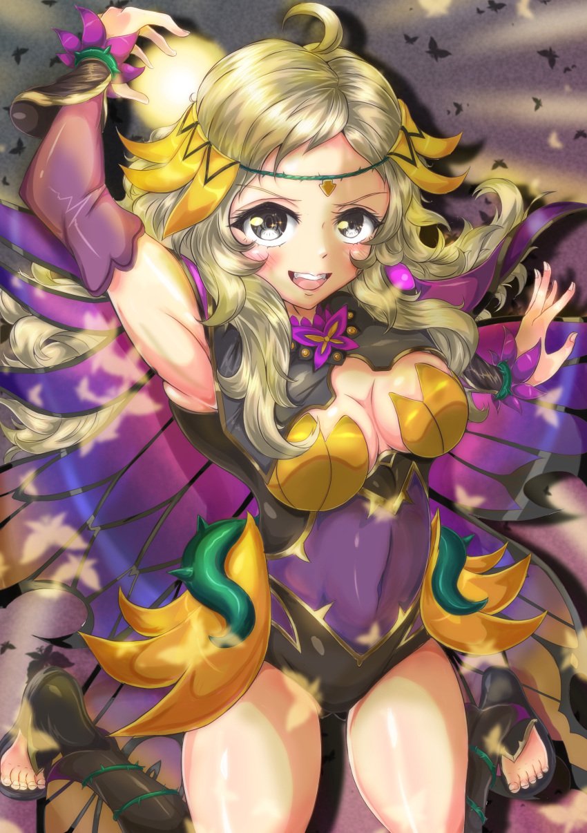 1girls alternate_costume armpits ass_visible_through_thighs bare_thighs black_eyes blonde_hair bodysuit breasts butterfly cleavage detached_sleeves fairy fairy_wings female female_only fire_emblem fire_emblem_fates fire_emblem_heroes jumping long_hair looking_at_viewer midriff nintendo official_alternate_costume open_mouth ophelia_(fire_emblem) small_breasts smile solo thighs violet_migu18