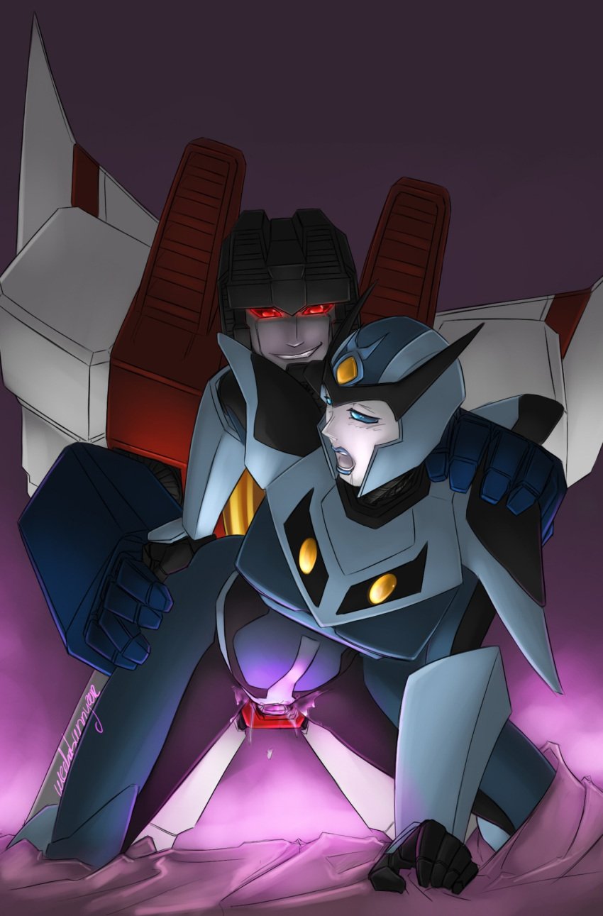 1boy 1boy1girl 1girls blue_eyes cum cum_drip cum_in_pussy cybertronian doggy_style female from_behind highres male mecha-bunny oc orgasm original_character original_characters penetration red_eyes robot robot_girl starscream straight straight_sex transformers