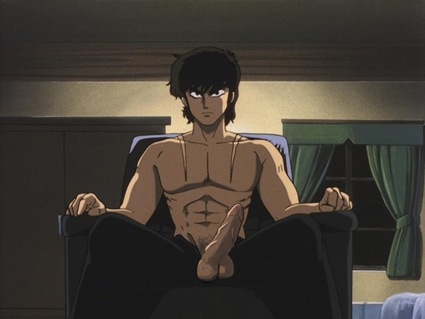 1boy abs akira_fudou angry black_hair clothed devilman drawfag edit erect_penis erection genitales male male_focus male_only muscular muscular_male pants pecs pectorals penis screenshot screenshot_edit shirtless unzipped