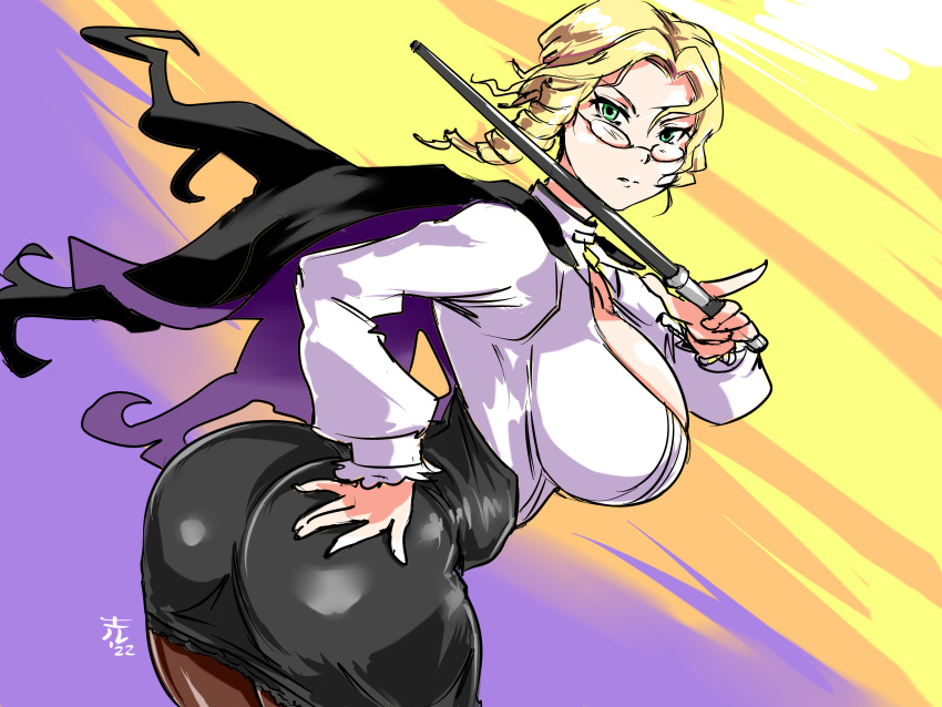 1girls ass blonde_hair breasts cape cleavage_cutout clothing erusantte glasses glynda_goodwitch green_eyes hand_on_own_ass holding holding_weapon huge_ass huge_breasts looking_at_viewer looking_back milf rooster_teeth rwby sideboob skirt teacher