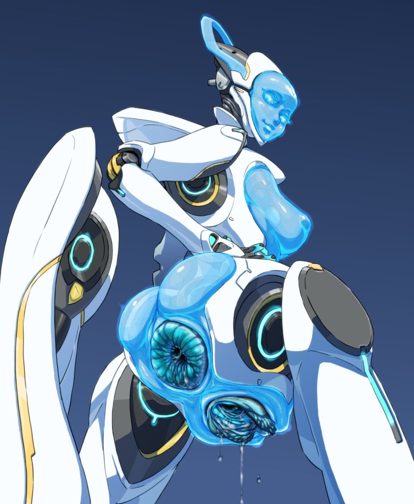 1girls 1robot 2d anthro big_anus blue_body butt digital_media_(artwork) echo_(overwatch) female gaping_anus gaping_pussy hologram labia_majora labia_minora large_labia long_labia looking_at_viewer looking_back mechanical medium_breasts nezumi overwatch plump_labia presenting_anus presenting_hindquarters presenting_pussy puffy_anus pussy pussy_juice pussy_juice_drip rear_view robot robot_girl smirk solo white_body wings