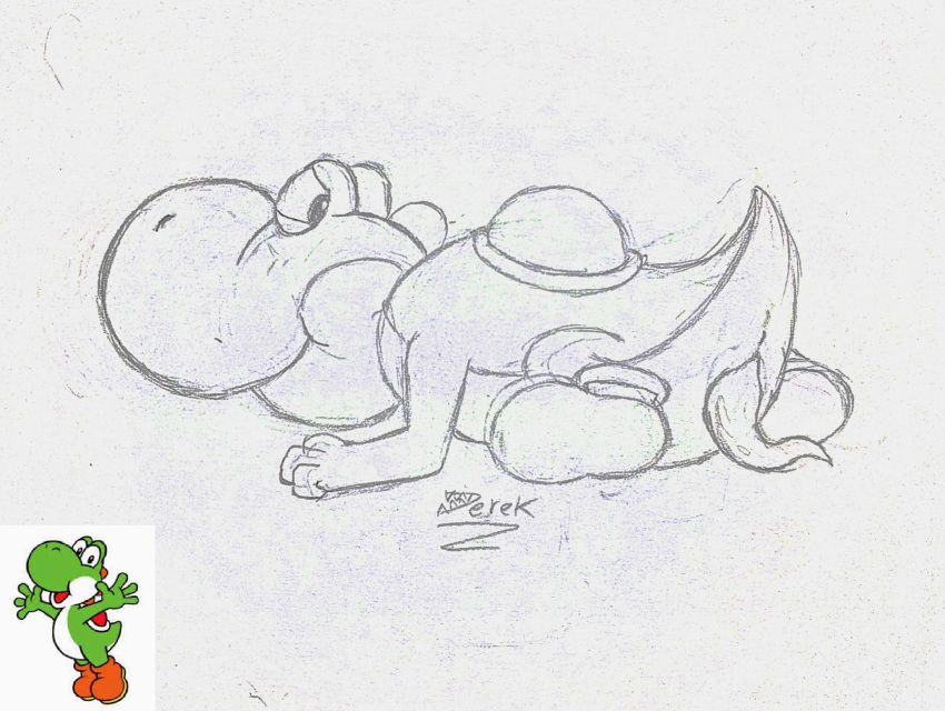 anthro clothing derekdragon feral footwear genitals hi_res male mario_(series) nintendo penis pose scalie shoes sketch solo video_games yoshi