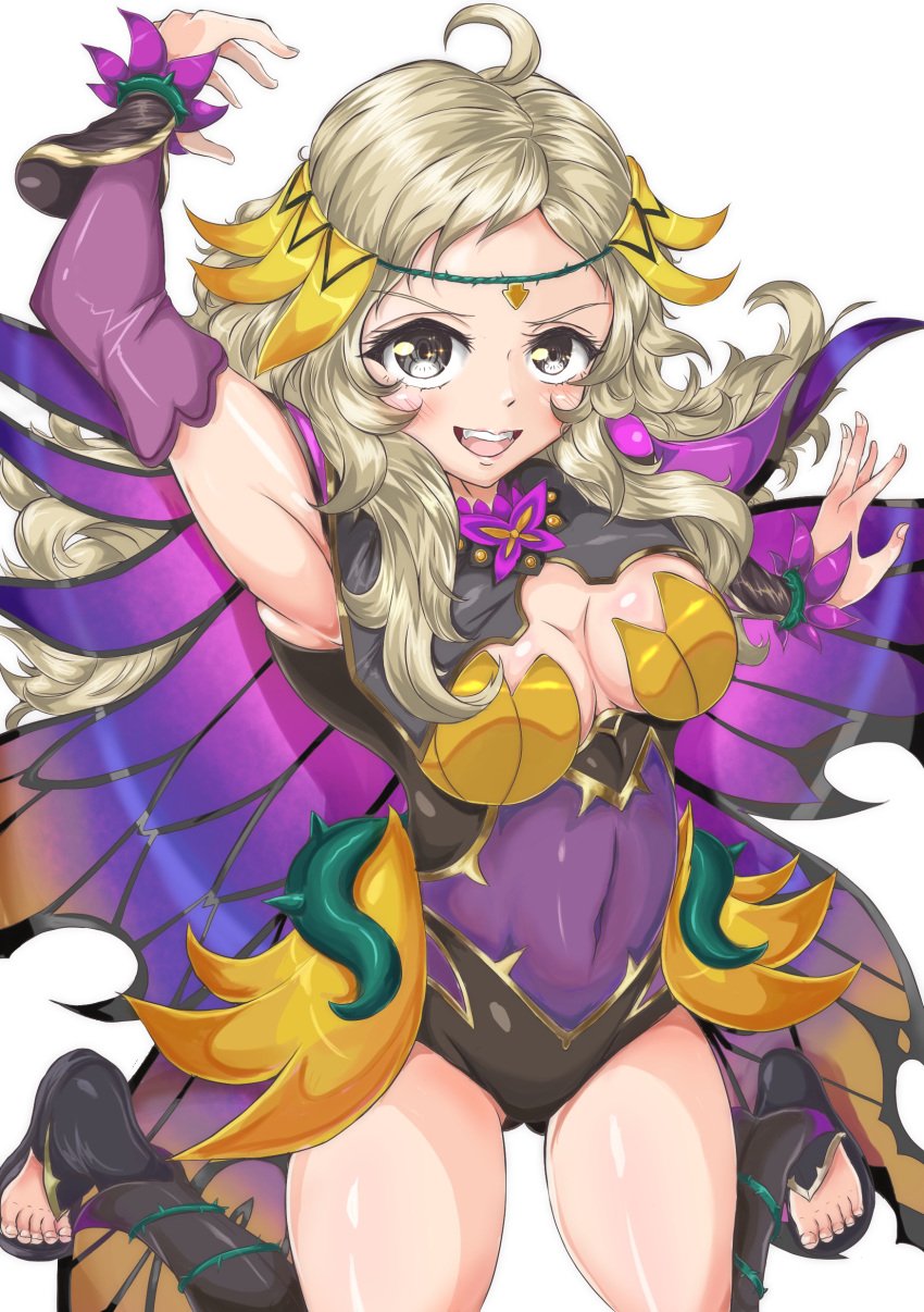 1girls alternate_costume armpits ass_visible_through_thighs bare_thighs black_eyes blonde_hair bodysuit breasts cleavage detached_sleeves fairy fairy_wings female female_only fire_emblem fire_emblem_fates fire_emblem_heroes jumping long_hair looking_at_viewer midriff nintendo official_alternate_costume open_mouth ophelia_(fire_emblem) small_breasts smile solo thighs violet_migu18 white_background