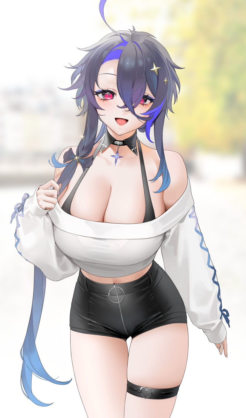 1girls :d absurdres ahoge azur_lane bangs bare_shoulders big_breasts black_shorts blurry blurry_background breasts cleavage cropped_sweater cross cross_hair_ornament crossed_bangs day detached_collar female female_only foch_(azur_lane) foch_(rainbow_rendezvous)_(azur_lane) fully_clothed grey_hair hair_between_eyes hair_ornament hair_over_one_eye hand_up high-waist_shorts highres large_breasts latex_shorts light-skinned_female light_skin long_hair looking_at_viewer midriff_peek multicolored_hair navel off-shoulder_sweater off_shoulder official_alternate_costume ohisashiburi open_mouth outdoors purple_hair red_eyes ribbon-trimmed_sleeves ribbon_trim shorts sidelocks skindentation sleeves_past_wrists smile solo standing sweater thigh_gap tight_clothing vichya_dominion_(azur_lane) white_sweater zipper zipper_pull_tab