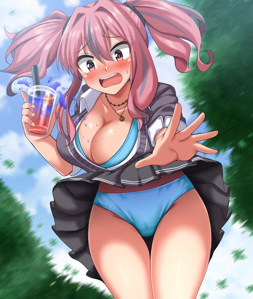 azur_lane blue_bra blue_panties blush bra breasts bremerton_(azur_lane) cleavage embarrassed female mole mole_under_eye necklace panties pink_eyes pink_hair skirt sweat tagme thighs twintails upskirt zanntetu