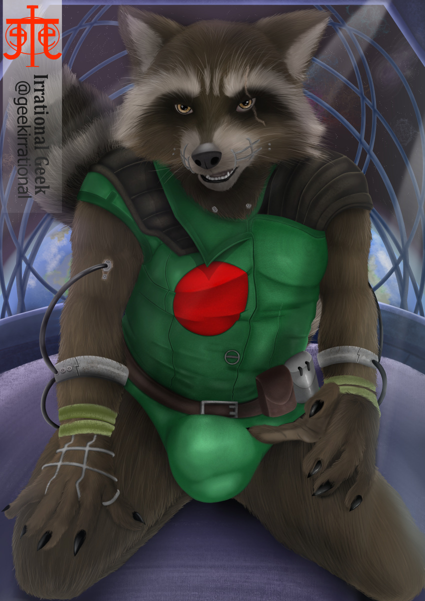 anthro background brown_fur erection_under_clothes furry furry_only furry_tail geekirrational green_clothing guardians_of_the_galaxy looking_at_viewer male male_only marvel raccoon raccoon_ears raccoon_humanoid raccoon_tail rocket_raccoon rocket_raccoon_(original_green_outfit) scar sitting space spaceship