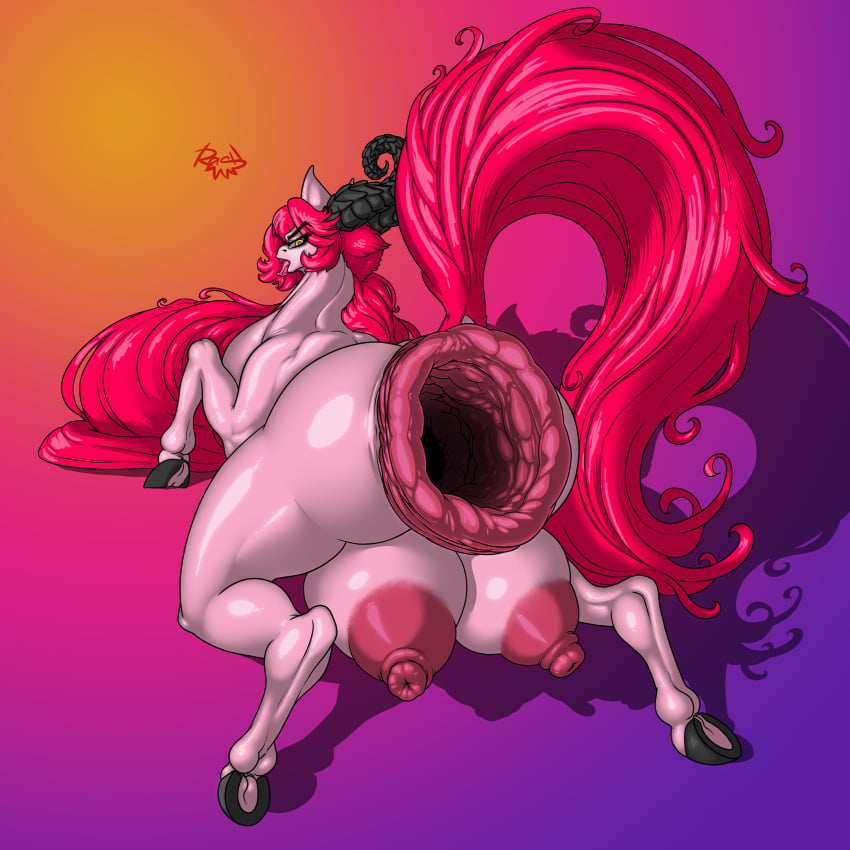 1:1 absurd_res anus areola ass big_areola big_breasts big_butt big_nipples black_horn bodily_fluids breasts crotch_breasts crotchboobs digital_drawing_(artwork) digital_media_(artwork) ehri_(rashchaos) equid equine fan_character fantasy female feral gaping gaping_anus genitals gradient_background hair hi_res hooves horn horse huge_areola huge_breasts huge_butt huge_nipples hyper hyper_genitalia long_hair long_horn long_tail looking_at_viewer mammal muscular muscular_female muscular_feral nipples open_mouth pink_anus pink_areola pink_body pink_hair pink_nipples pink_tail pony presenting presenting_anus presenting_hindquarters rashchaos shadow signature simple_background solo sploot stretched_anus tongue