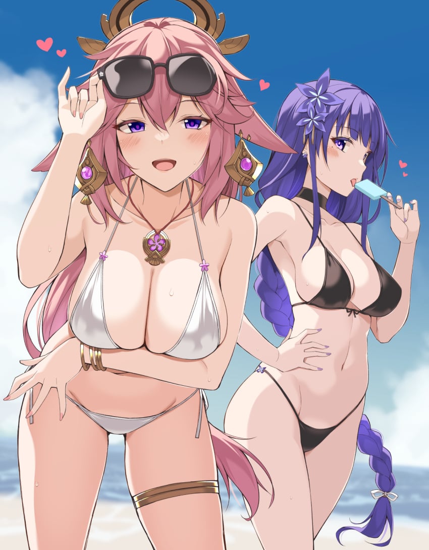 beach big_breasts breasts cleavage curvy eyewear_on_head female female_only genshin_impact heart hi_res ice_cream looking_at_viewer ohta_yuichi raiden_shogun smile sunglasses sunglasses_on_head un9man voluptuous yae_miko