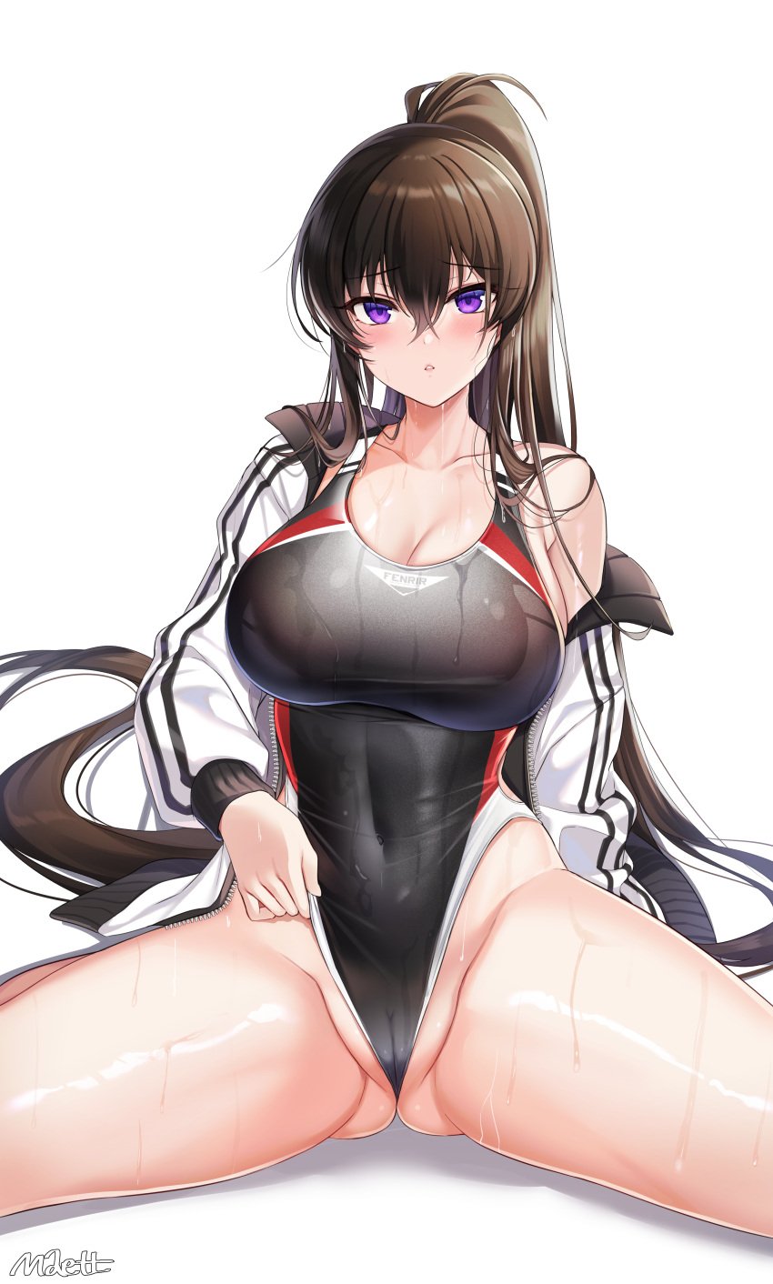 absurdres bare_shoulders black_hair black_swimsuit breasts cleavage collarbone competition_swimsuit counter:side covered_navel female female gluteal_fold grin highleg highleg_swimsuit highres impossible_clothes impossible_swimsuit jacket large_breasts long_hair long_sleeves looking_at_viewer maett off_shoulder one-piece_swimsuit open_clothes open_jacket ponytail purple_eyes simple_background sitting smile solo spread_legs swimsuit thighs very_long_hair wet wet_clothes wet_swimsuit white_background white_jacket yoo_mina