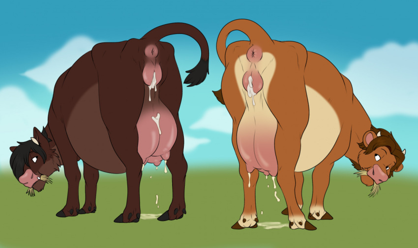 2boys after_sex after_transformation animal_genitalia animal_pussy anus ass bodily_fluids bovid bovine bovine_pussy breasts cattle cum cum_in_pussy cum_inside cum_on_teats cuntboy cuntboy_transformation duo duo_focus eating feral field genital_fluids genitals grass grazing hair horn intersex lactating looking_back male male_focus male_only male_with_breasts mammal milk outside plant pussy rear_view shadowpelt transformation