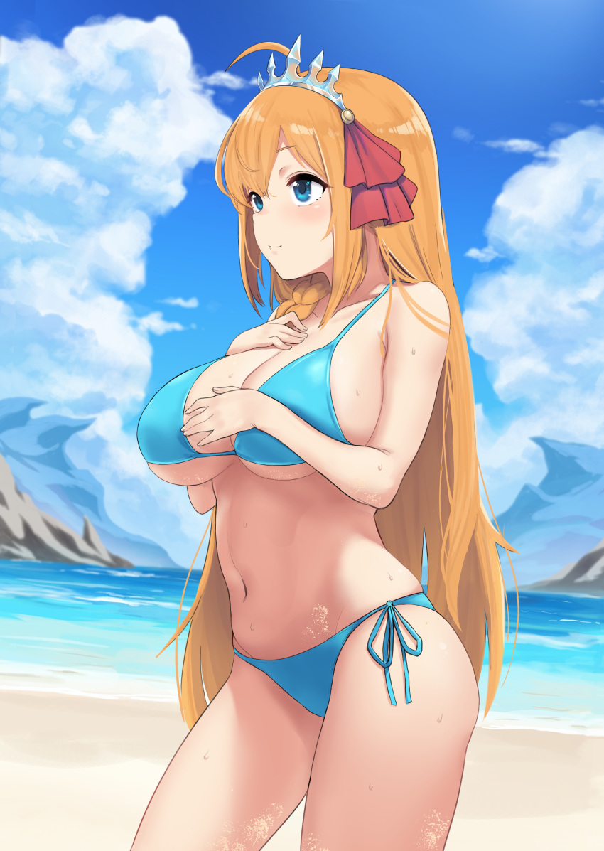 1girls 2020 absurdres ahoge alternate_costume bangs bare_arms bare_shoulders beach bikini blue_bikini blue_eyes blue_sky blush braid breasts chagama_teishoku cloud day female female_focus hair_ribbon hand_on_own_chest highres large_breasts long_hair ocean orange_hair outdoors pecorine princess_connect! red_ribbon revision ribbon sand side-tie_bikini side_braid sky solo standing string_bikini sweat swimsuit tiara very_long_hair