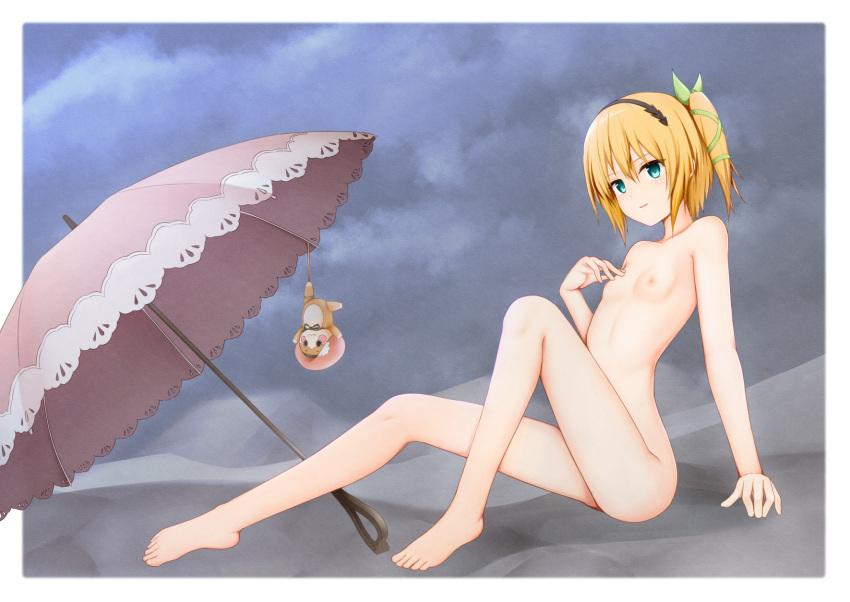 barefoot black_hairband blonde_hair blue_eyes border bow breasts collarbone completely_nude edna_(tales) female full_body green_bow green_ribbons hair_ribbon hairband hairbow highres kuronuketaiyo looking_at_viewer nipples nude ribbon short_hair side_ponytail sitting small_breasts solo tales_of_(series) tales_of_zestiria white_border