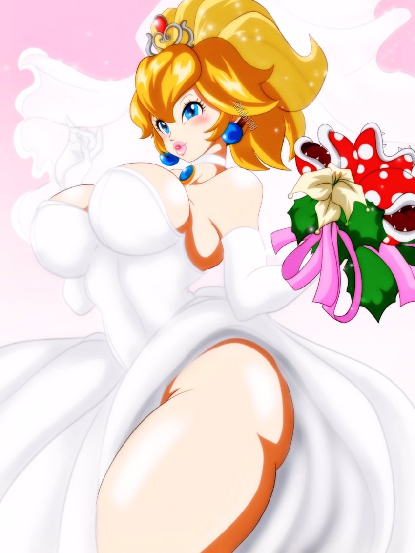 1girls 2021 arm_gloves blonde_hair blue_eyes blush bouquet bridal_gown bridal_veil choker crown earrings female female_only hi_res human long_hair looking_at_viewer mario_(series) nala1588 narrowed_eyes nintendo pink_lips piranha_plant piranha_plant_bouquet ponytail princess_peach side_view smiling_at_viewer solo solo_female super_mario_odyssey thick_thighs veil wedding_dress wedding_peach_(super_mario_odyssey)