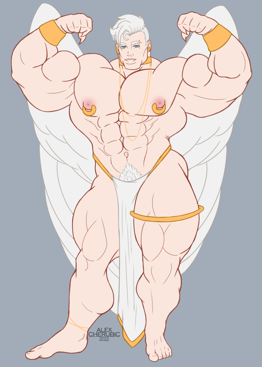 alexcherubic angel angel_wings biceps blue_eyes feet flexing gold_jewelry loincloth male male_only muscular muscular_male original original_character piercing solo_focus solo_male white_hair wings