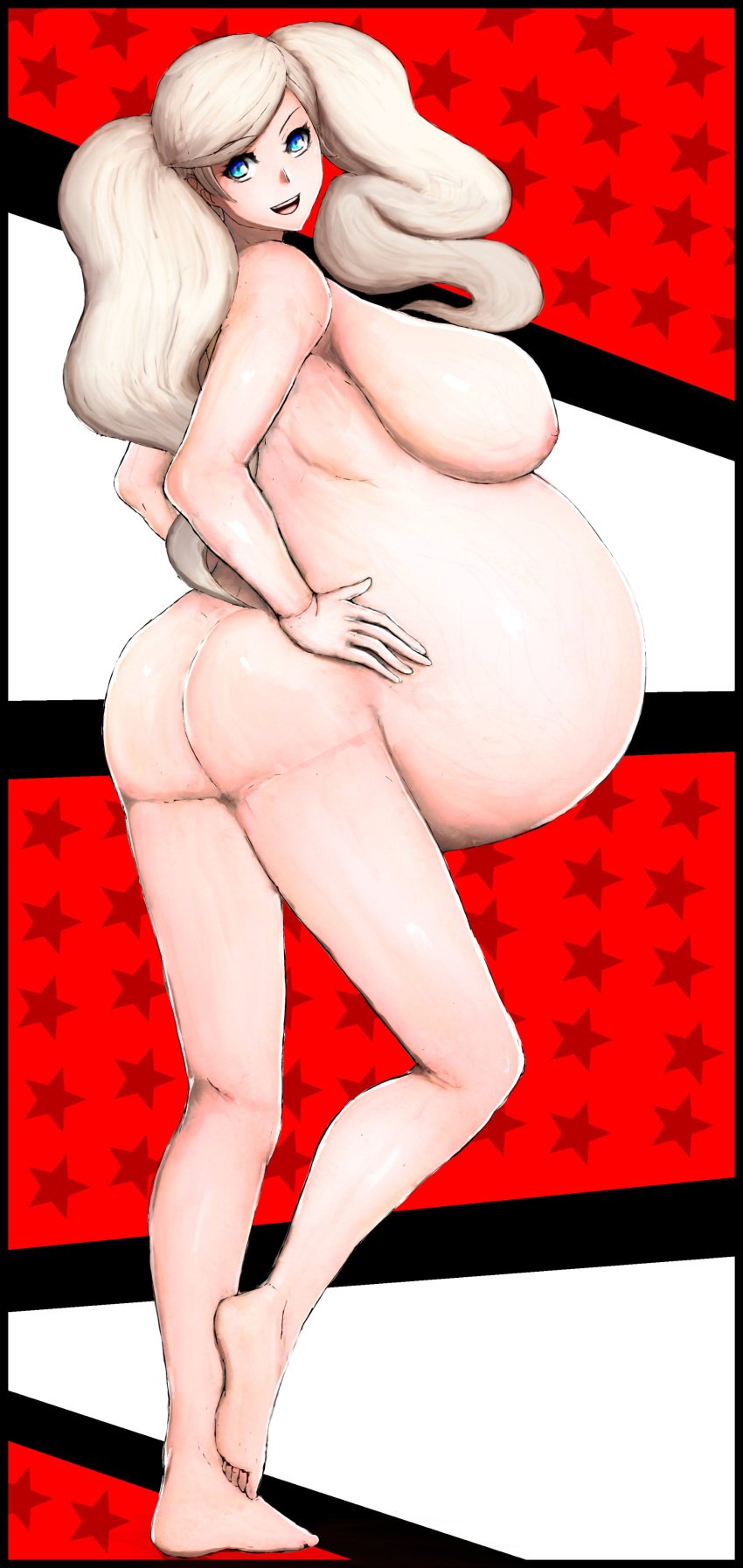 ann_takamaki ass belly big_belly big_breasts blonde_hair breasts female hand_on_hips nipples njj9gka7or6dfz7 persona persona_5 pregnant uwasa75