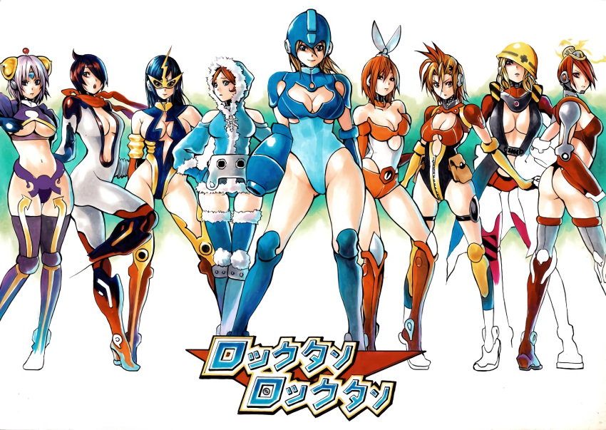 9girls absurd_res ass big_breasts bomb_man boob_window breasts cleavage cut_man elec_man fire_man guts_man ice_man inner_sideboob mega_man mega_man(classic) mega_man_(character) multiple_girls oil_man rule_63 sideboob slim_waist slutty_outfit straight_hair thick_thighs thighhighs thighs time_man underboob