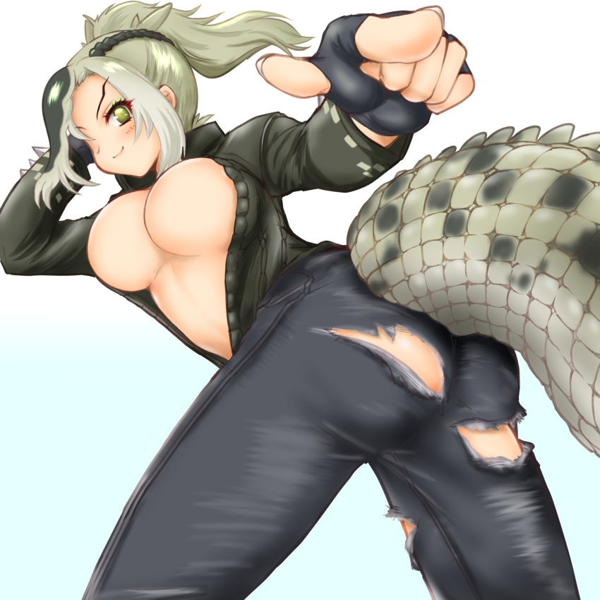 >:) alternate_breast_size arms_up ass asymmetrical_hair bent_over black_gloves black_pants braid breasts closed_mouth clothing_cutout crocodilian_tail denim eyebrows female fingerless_gloves fingernails foreshortening french_braid gloves green_hair green_jacket hakumaiya high_ponytail highres jacket jeans kemono_friends large_breasts legs_apart long_hair looking_at_viewer multicolored_hair no_bra outstretched_arm pants partially_unzipped pointing pointing_at_viewer pointy_ears saltwater_crocodile_(kemono_friends) smile spikes stomach tail tail_through_clothes torn_clothes torn_jeans torn_pants twisted_torso v-shaped_eyebrows zipper