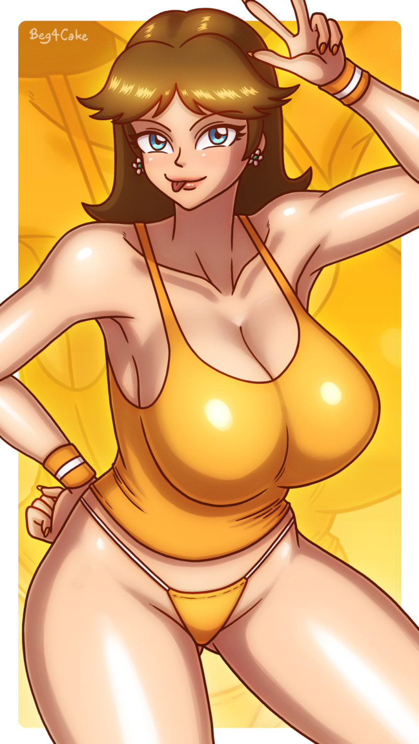 1girls :p alternate_breast_size arm_up armpits beg4cake big_breasts breasts brown_hair busty earrings eyebrows_visible_through_hair female female_only flower_earrings hand_on_hip large_breasts legs light-skinned_female light_skin looking_at_viewer mario_(series) midriff nintendo orange_panties orange_tank_top panties pose posing princess_daisy shoulder_length_hair smile tank_top thick_thighs thighhighs thighs tongue_out v voluptuous