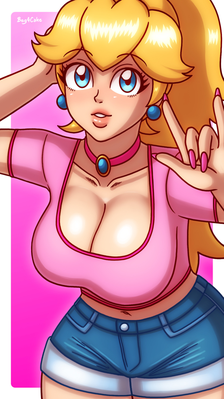 1girls alternate_breast_size beg4cake belly_button big_breasts blonde_hair blue_bottomwear blue_eyes breasts casual choker cleavage crop_top earrings female female_only large_breasts light-skinned_female light_skin looking_at_viewer mario_(series) midriff midriff_baring_shirt navel nintendo princess_peach short_shorts shorts thighs voluptuous