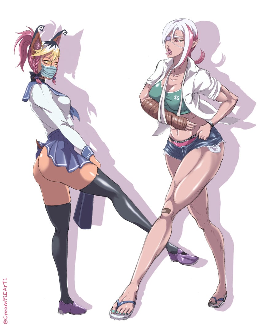 big_ass big_butt blonde_hair cat_ears catgirl creampieart1 eye_patch floppa mask muscular_female original original_character pink_hair ponytail school_uniform short_hair skirt_up student tan_skin white_hair x4th xsix xsix​