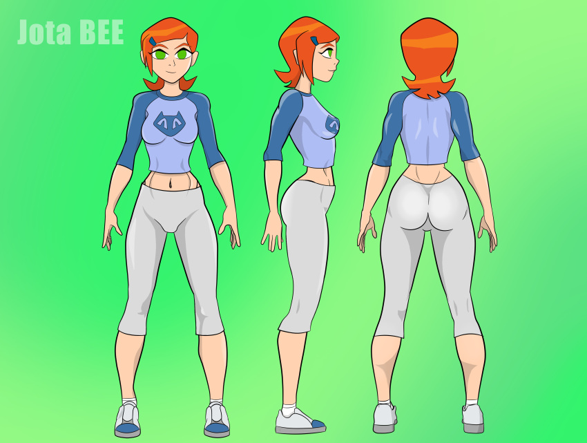 1girls ben_10 big_ass capri_pants cartoon_network clothed clothed_female clothes clothing dat_ass female female_only fully_clothed green_eyes gwen_tennyson jotabee orange_hair redhead short_hair simple_background solo teenager tight_clothing