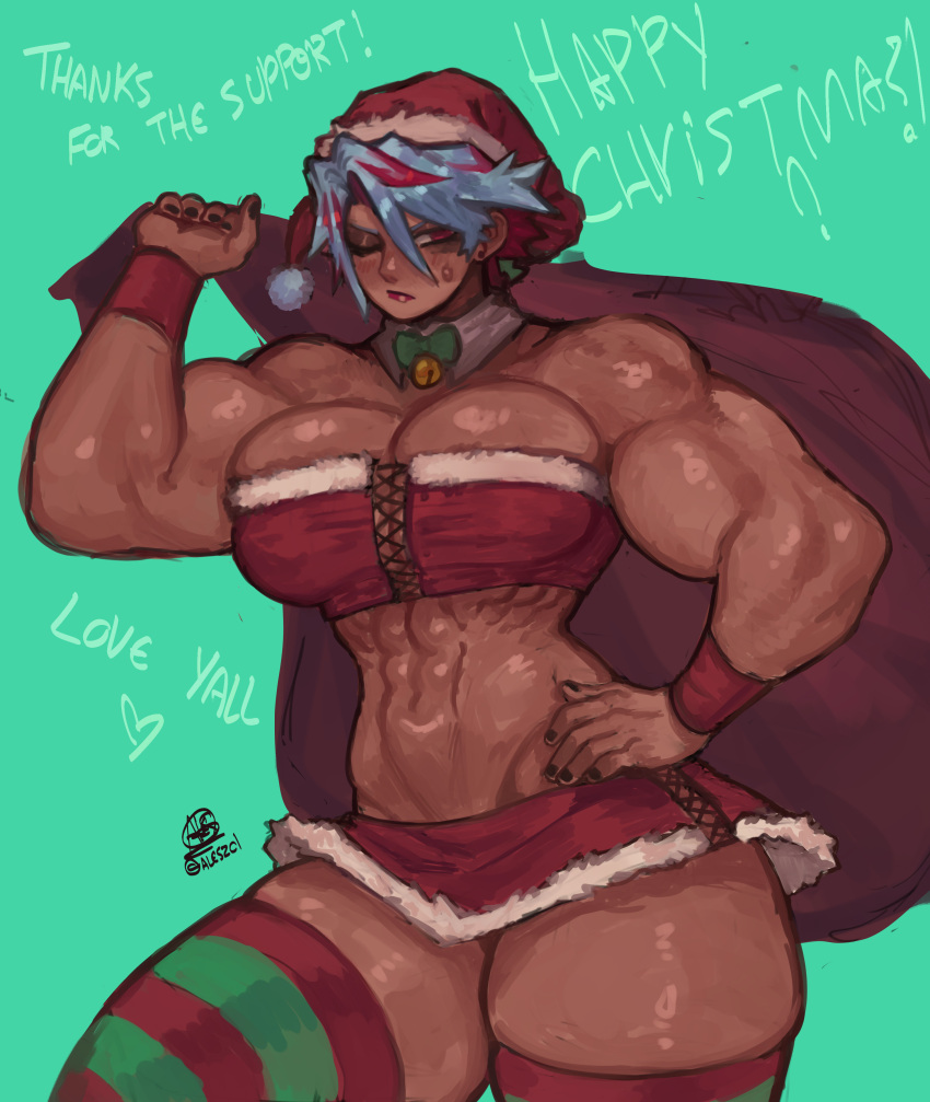 2023 abs al3s artist_signature bag bell_collar big_breasts black_fingernails bracelet bracers breasts carrying_bag christmas christmas_clothing christmas_outfit cleavage collar crop_top hand_on_hip lipstick merry_christmas miniskirt muscles muscular muscular_arms muscular_female muscular_legs muscular_thighs one_eye_closed red_eyes red_highlights red_lips red_lipstick sack santa_hat shionne_(al3s) short_hair skirt striped_legwear thank_you_message thick_thighs thighhighs thighs white_collar white_hair